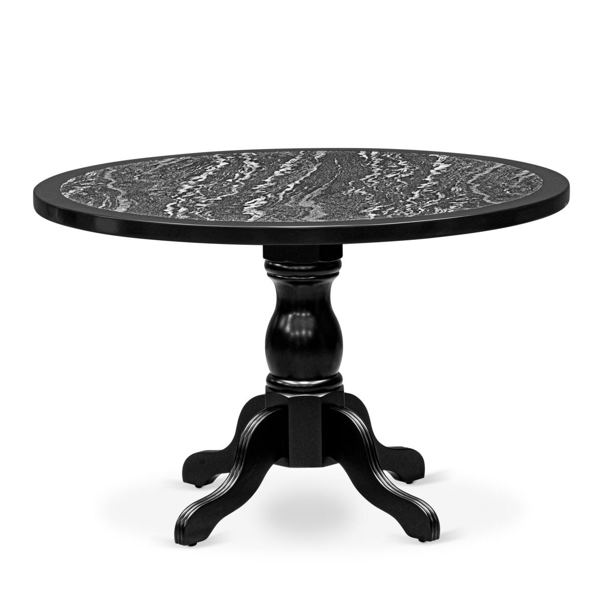 48T-109-TP A Round Dinner Table with Ebony Wave Marble Pattern Tabletop, 42 x 42 in., Black Finish