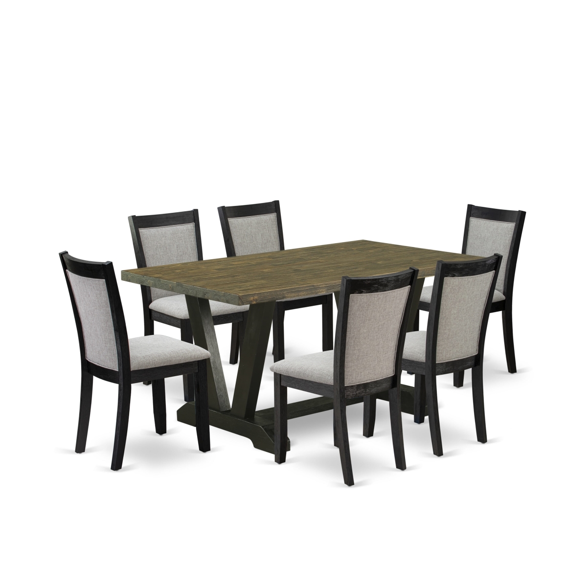 V676MZ606-7 7 Piece Dinette Set - Distressed Jacobean Wood Table with 6 Shiitake Kitchen Chairs - Wire Brushed Black Finish