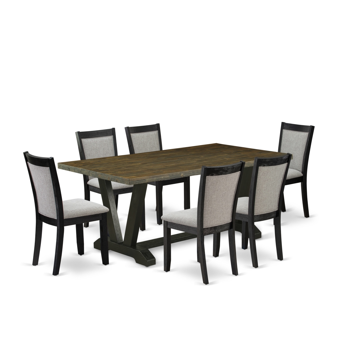 V677MZ606-7 7 Piece Dining Set - Distressed Jacobean Dining Room Table with 6 Shiitake Dining Chairs - Wire Brushed Black Finish