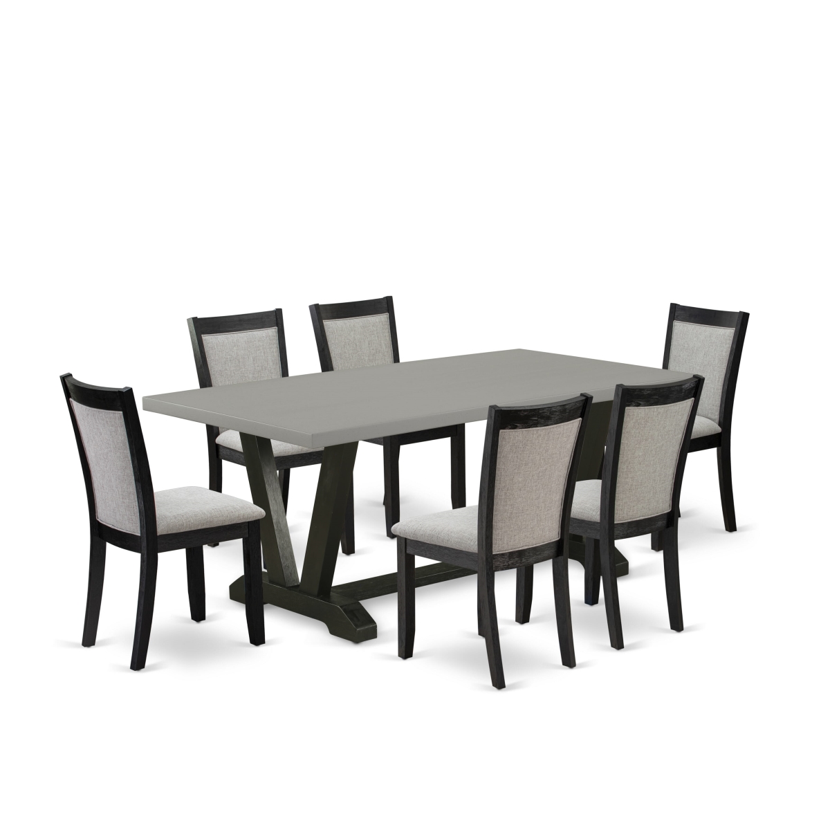 V697MZ606-7 7 Piece Dining Set - Cement Kitchen Table with 6 Shiitake Mid Century Dining Chairs - Wire Brushed Black Finish