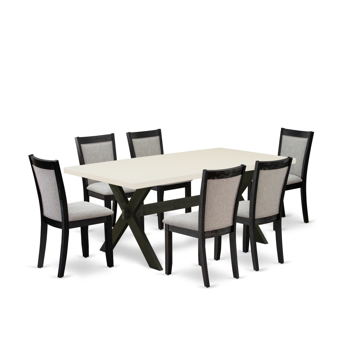 X627MZ606-7 7 Piece Table Set - Linen White Wooden Table with 6 Shiitake Kitchen Chairs - Wire Brushed Black Finish