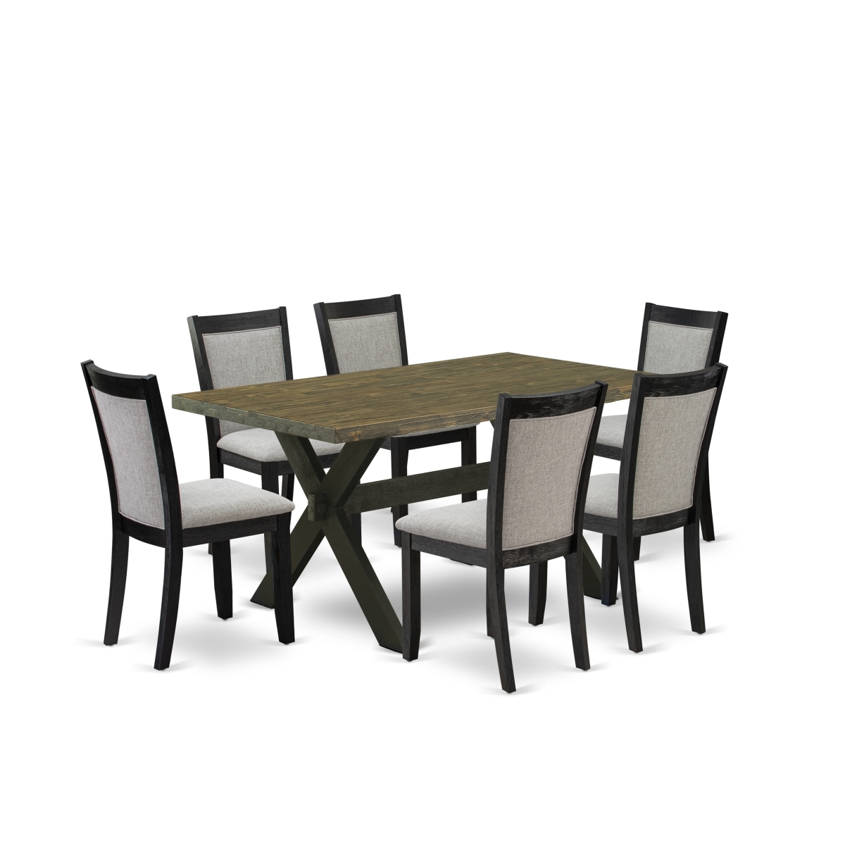 X676MZ606-7 7 Piece Dinette Set - Distressed Jacobean Wood Dining Table with 6 Shiitake Parson Chairs - Wire Brushed Black Finish