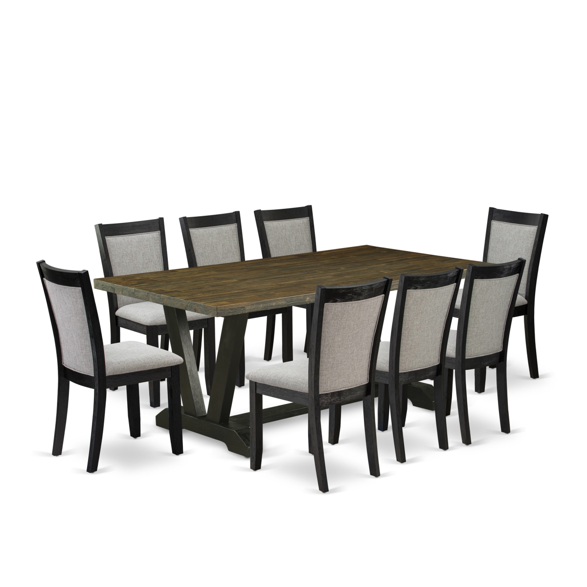 V677MZ606-9 9 Piece Kitchen Table Set - Distressed Jacobean Wood Table with 8 Shiitake Dining Chairs - Wire Brushed Black Finish