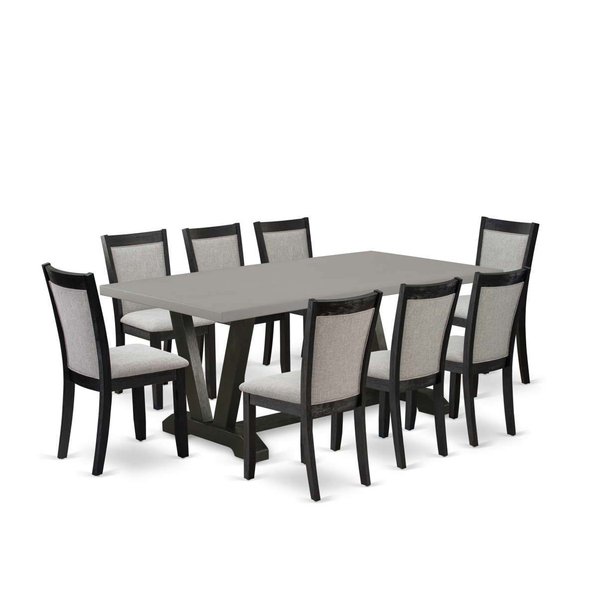 V697MZ606-9 9 Piece Dining Set - Cement Wooden Table Top with 8 Shiitake Kitchen Chairs - Wire Brushed Black Finish