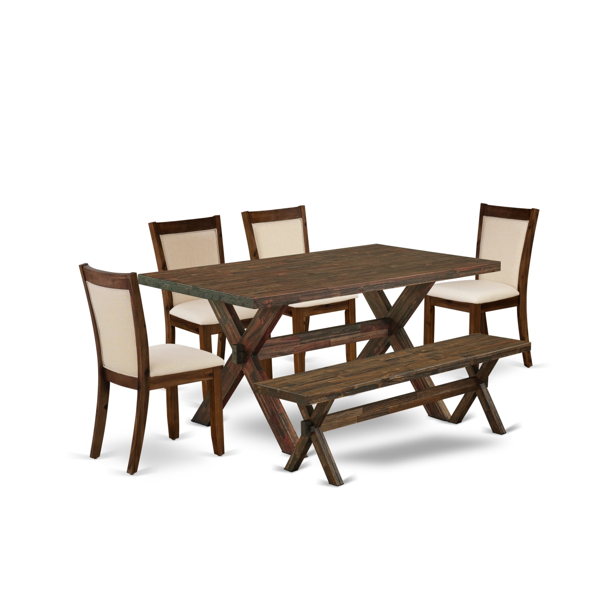 X776MZN32-6 6 Piece Table Set Consists of A Kitchen Table & A Bench with 4 Light Beige Dinner Chairs - Distressed Jacobean Finish