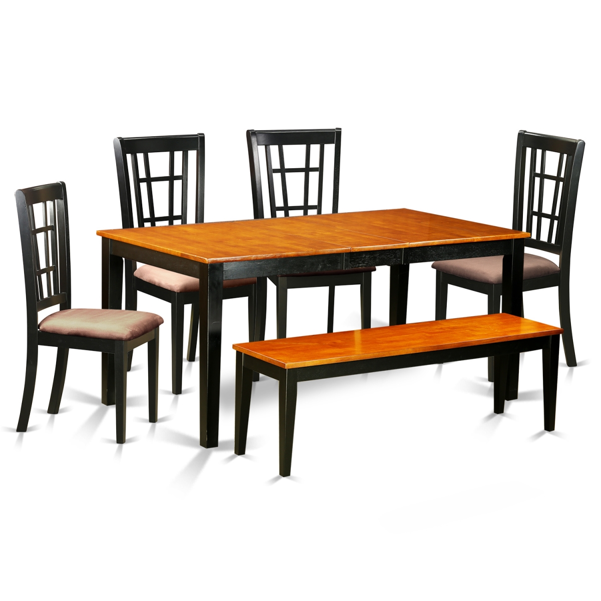 Microfiber Kitchen Table Set - Dining Table & 4 Chairs Plus One Bench, Black & Cherry - 6 Piece
