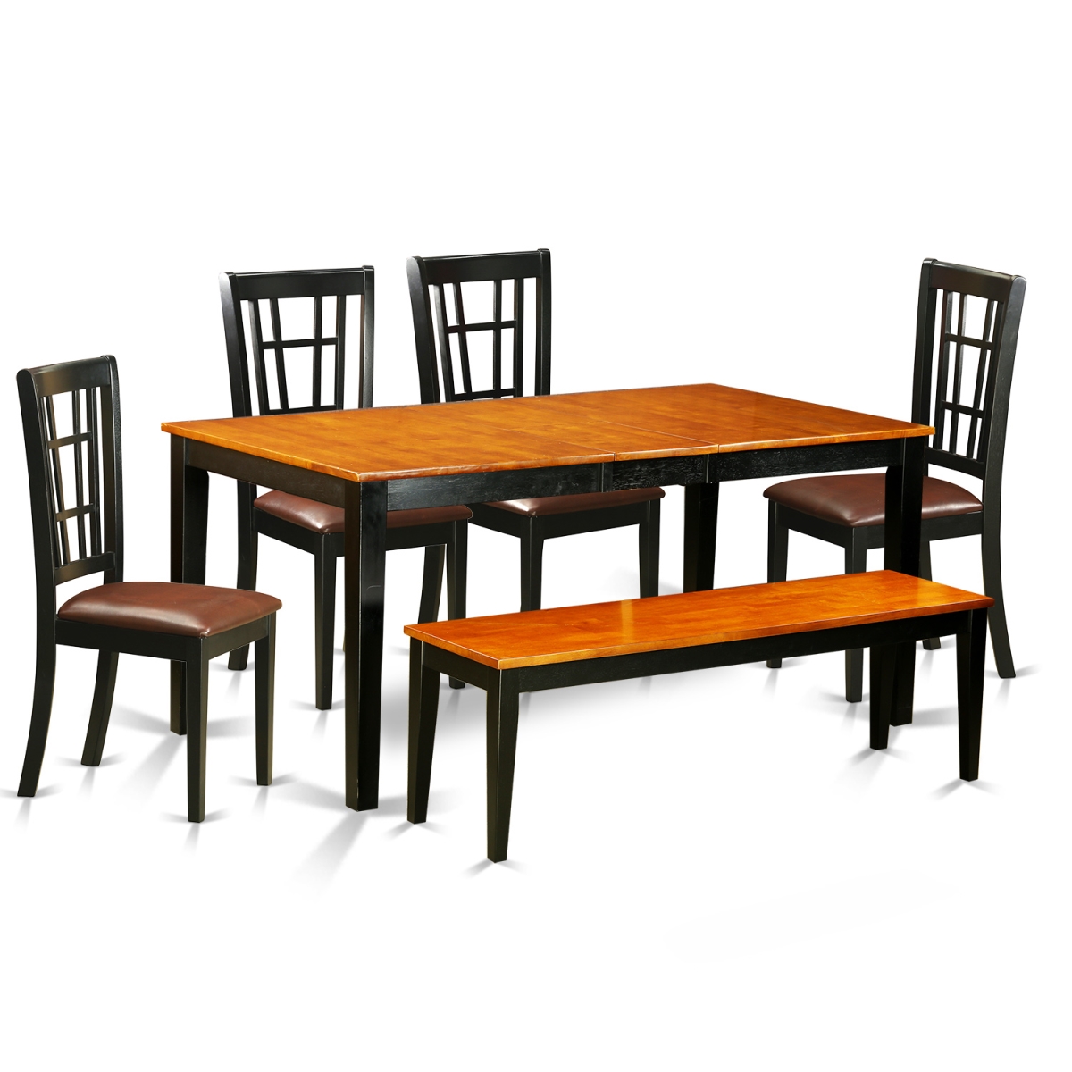 Table Set - Dining Table & 4 Chairs Plus One Bench, Black & Cherry - 6 Piece