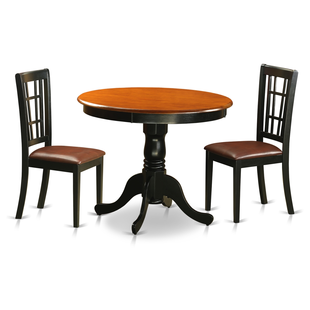 Picture of East West Furniture ANNI3-BLK-LC Dining Table with 2 Faux Leather Chairs, Black & Cherry - 3 Piece