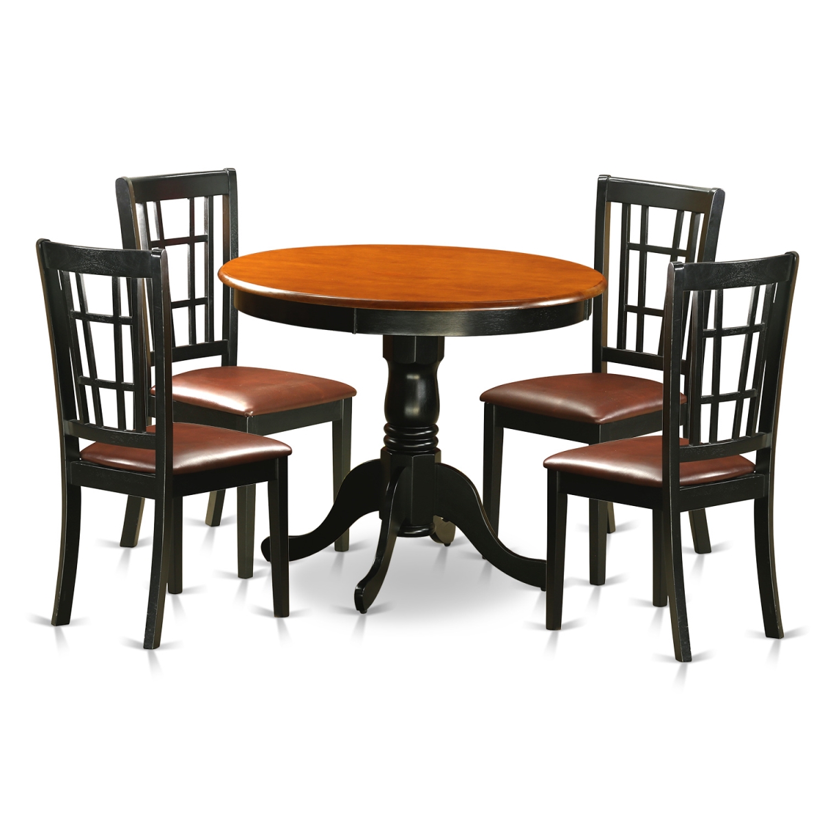 Picture of East West Furniture ANNI5-BLK-LC Dining Table with 4 Faux Leather Chairs, Black & Cherry - 5 Piece
