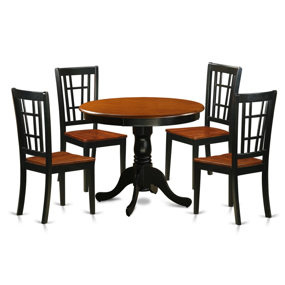 Picture of East West Furniture ANNI5-BLK-W Dining Table with 4 Wood Chairs, Black & Cherry - 5 Piece
