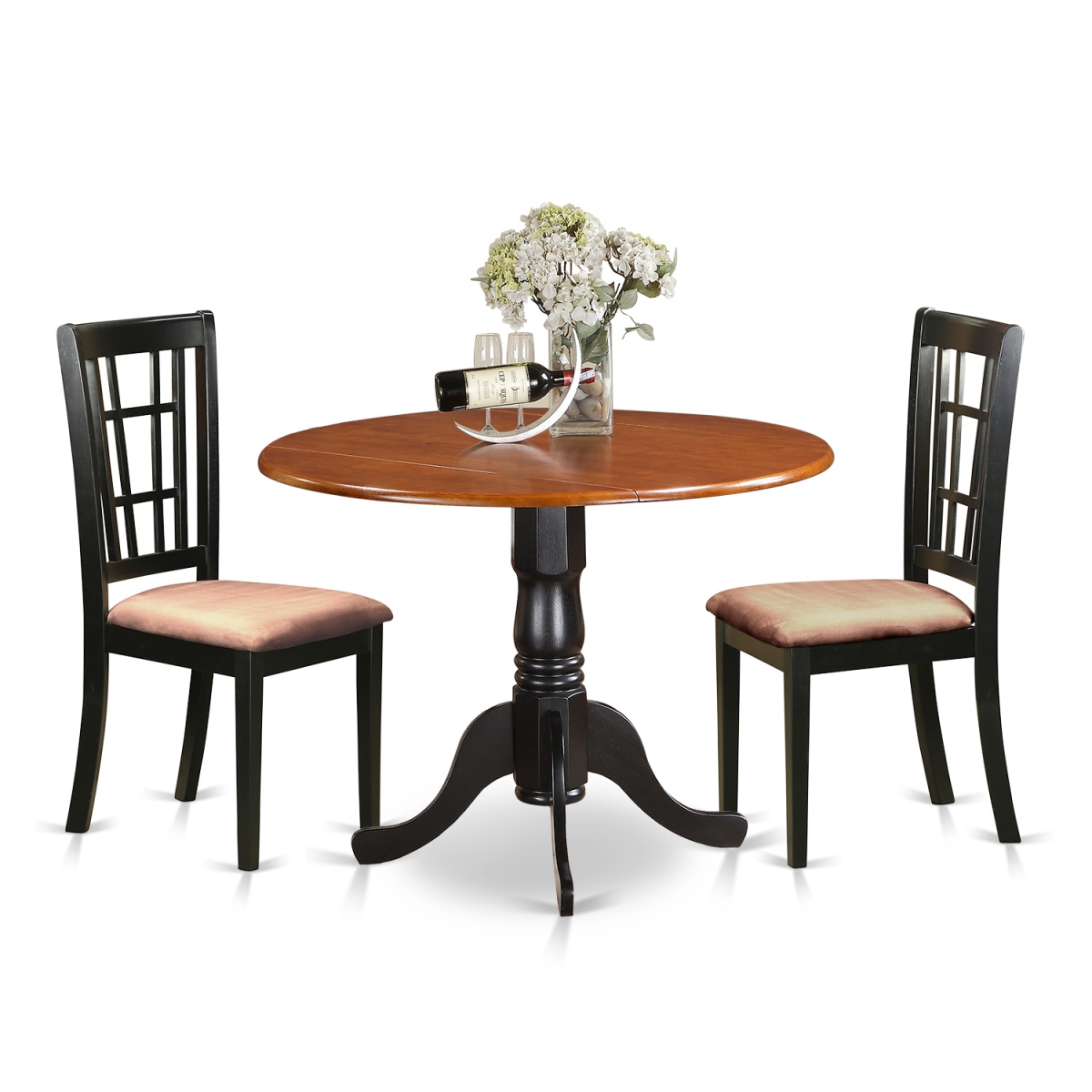 Picture of East West Furniture DLNI3-BCH-C Microfiber Dublin Kitchen Table Set - Dining Table & 2 Solid Wood Chairs, Black & Cherry - 3 Piece