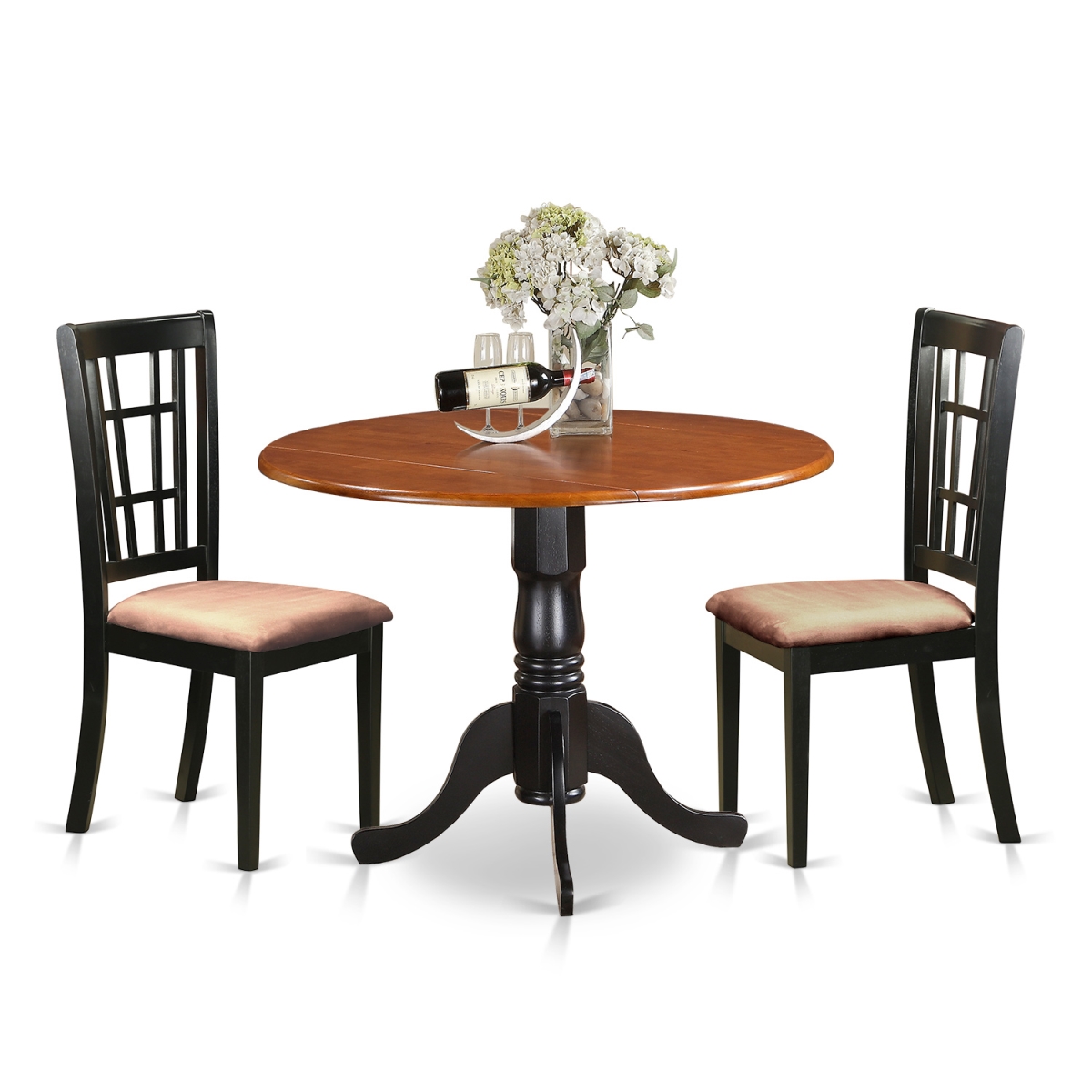 Microfiber Dublin Kitchen Table Set - Dining Table & 2 Solid Wood Chairs, Black & Cherry - 3 Piece