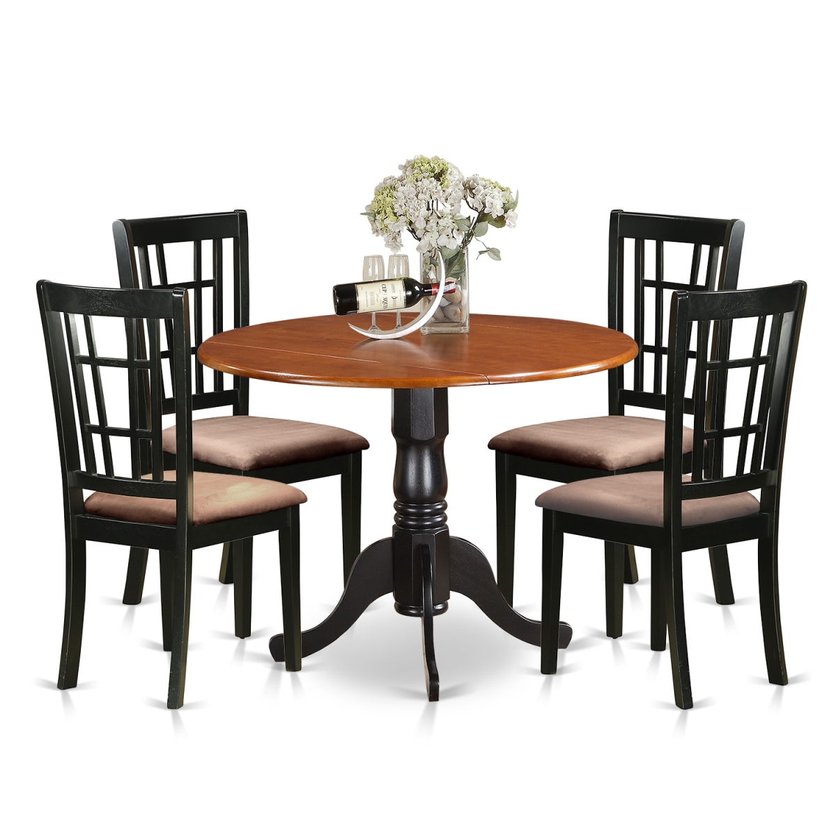 Picture of East West Furniture DLNI5-BCH-C Microfiber Dublin Kitchen Table Set - Dining Table & 4 Solid Wood Chairs, Black & Cherry - 5 Piece