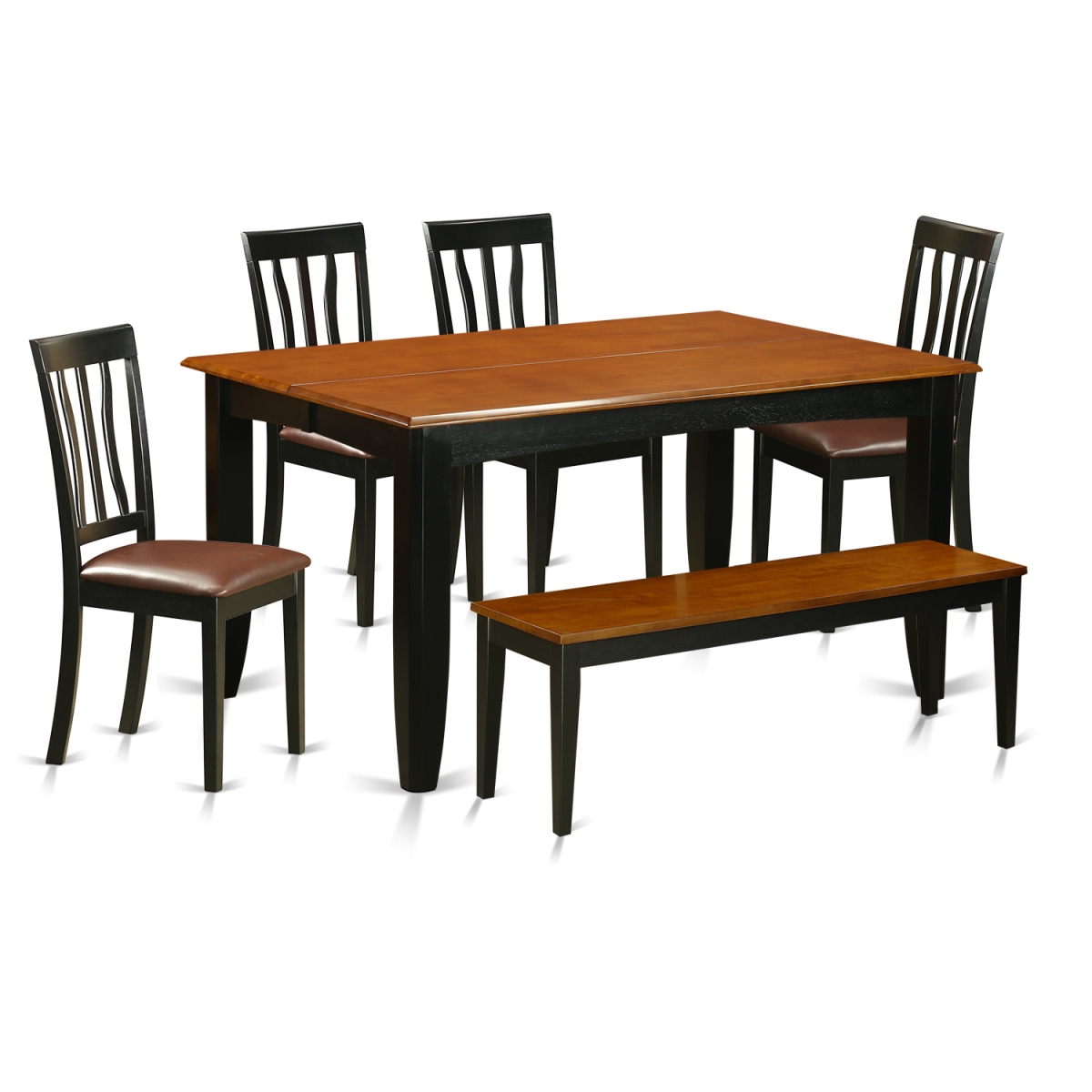 Faux Leather Kitchen Set with Kitchen Tables & 4 Chairs Plus Bench, Black & Cherry - 6 Piece