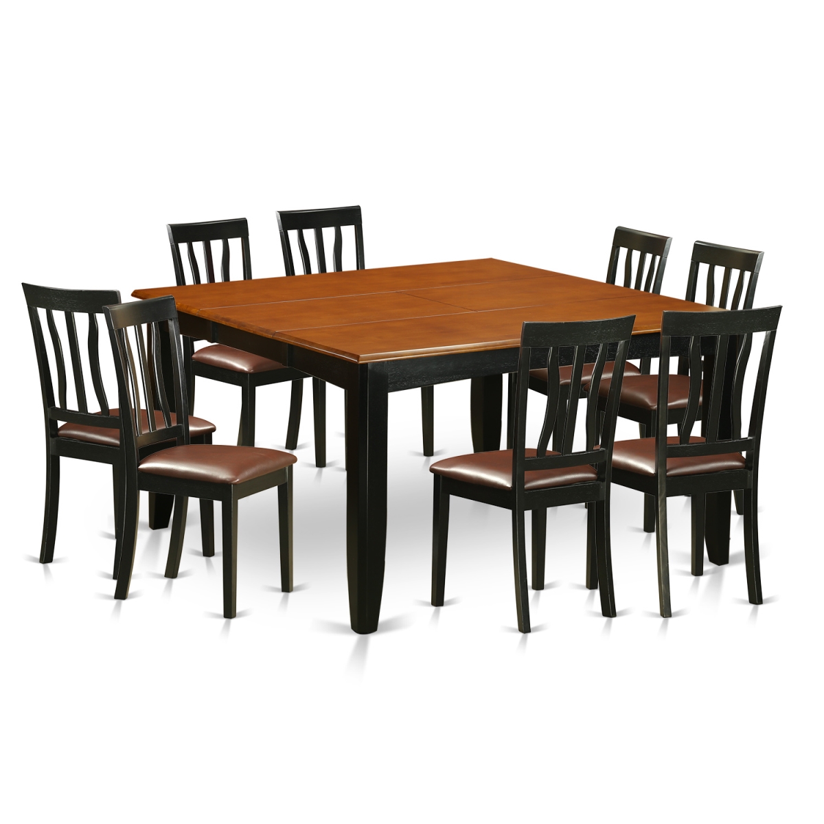 Faux Leather Dining Room Table Set - Table & 8 Solid Chair, Black & Cherry - 9 Piece