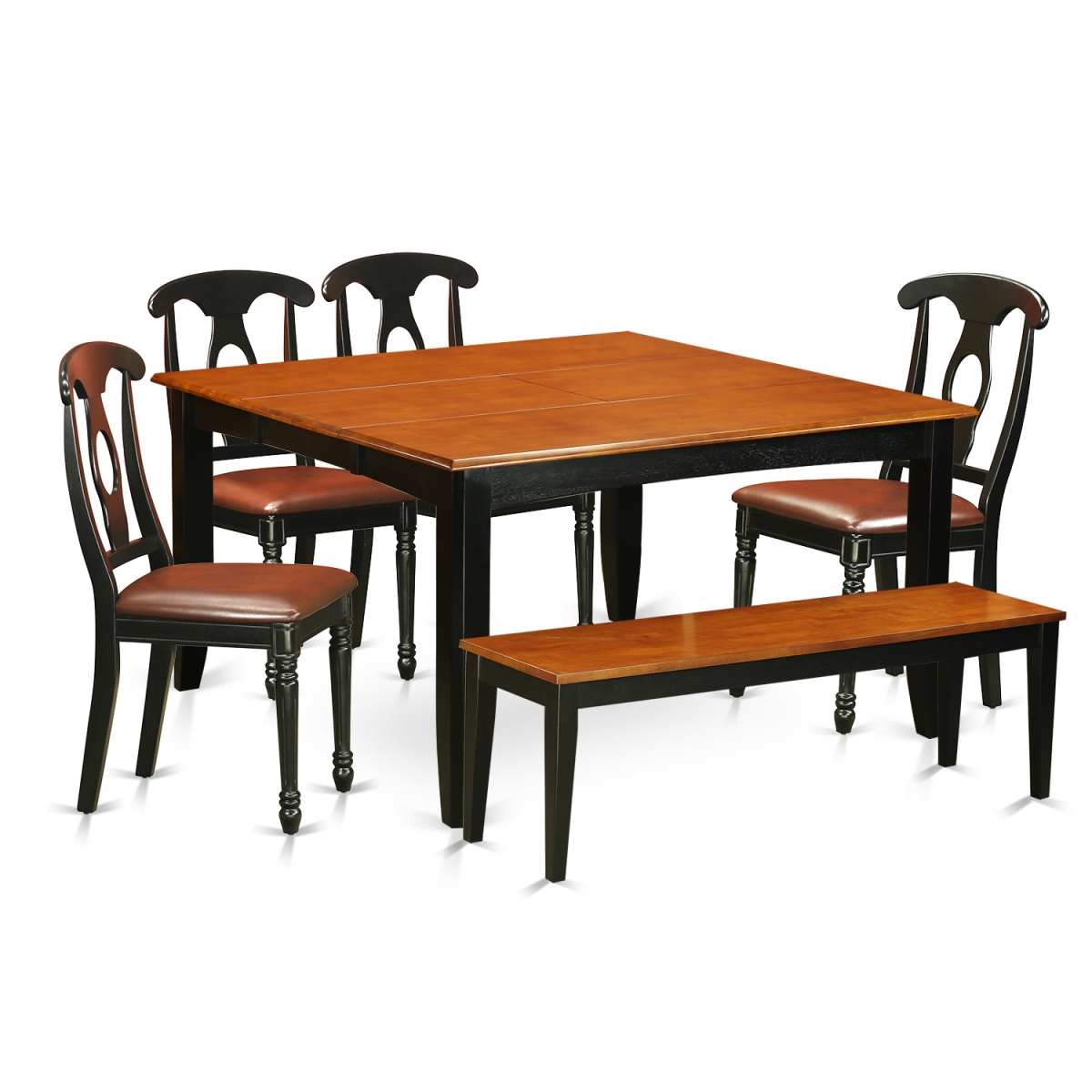 Faux Leather Dining Room Table Set with Table & 4 Solid Wood Chairs Plus One Bench, Black & Cherry - 6 Piece