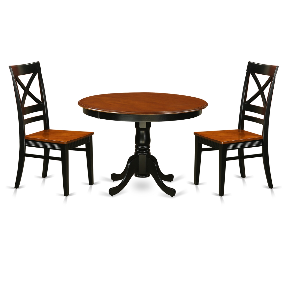 Dining Set - One Round Table & Two Chairs Faux Leather Seat, Black & Cherry - 36 in. - 3 Piece