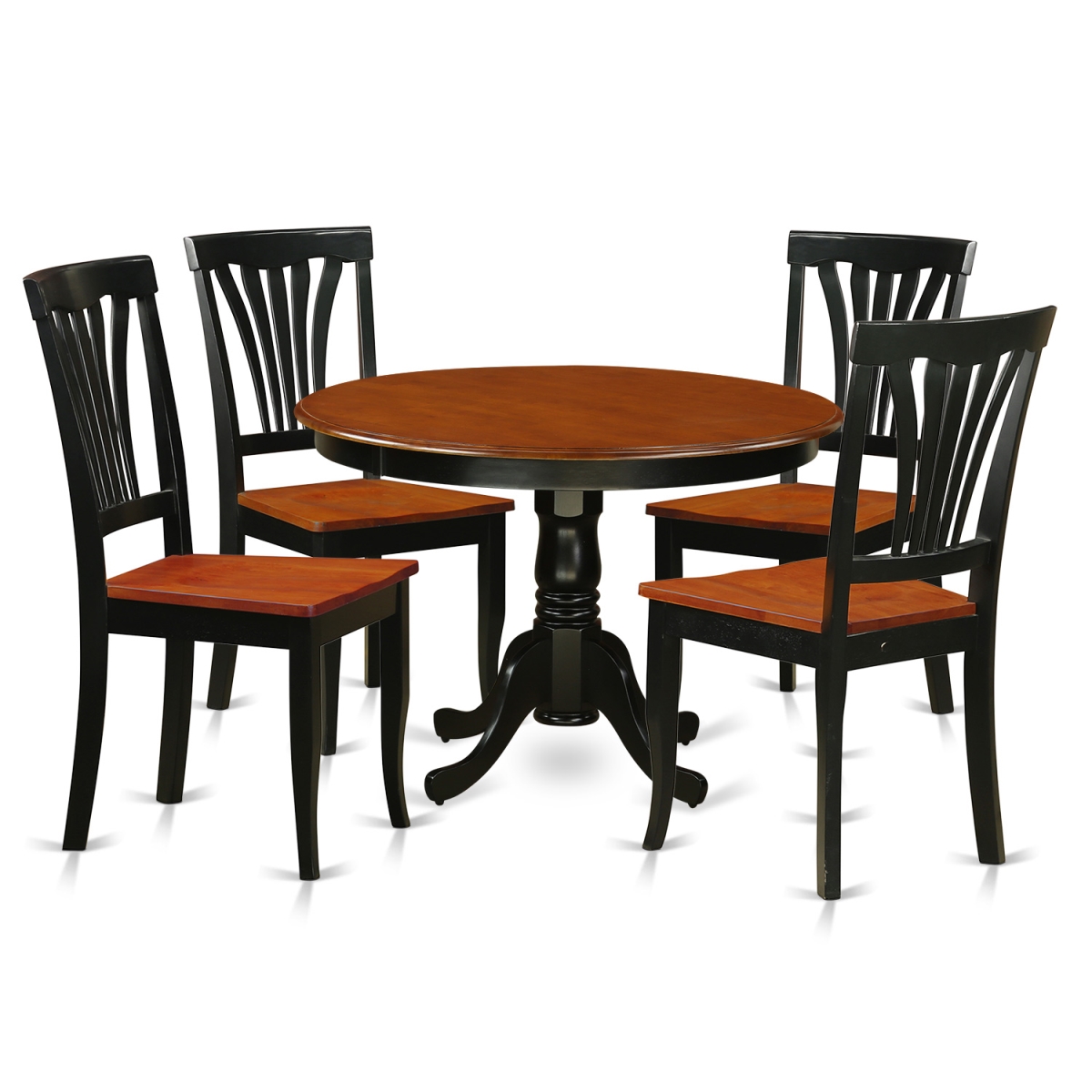Dining Set - One Round Table & 4 Chairs with Solid Wood Seat, Black & Cherry - 36 in. - 5 Piece