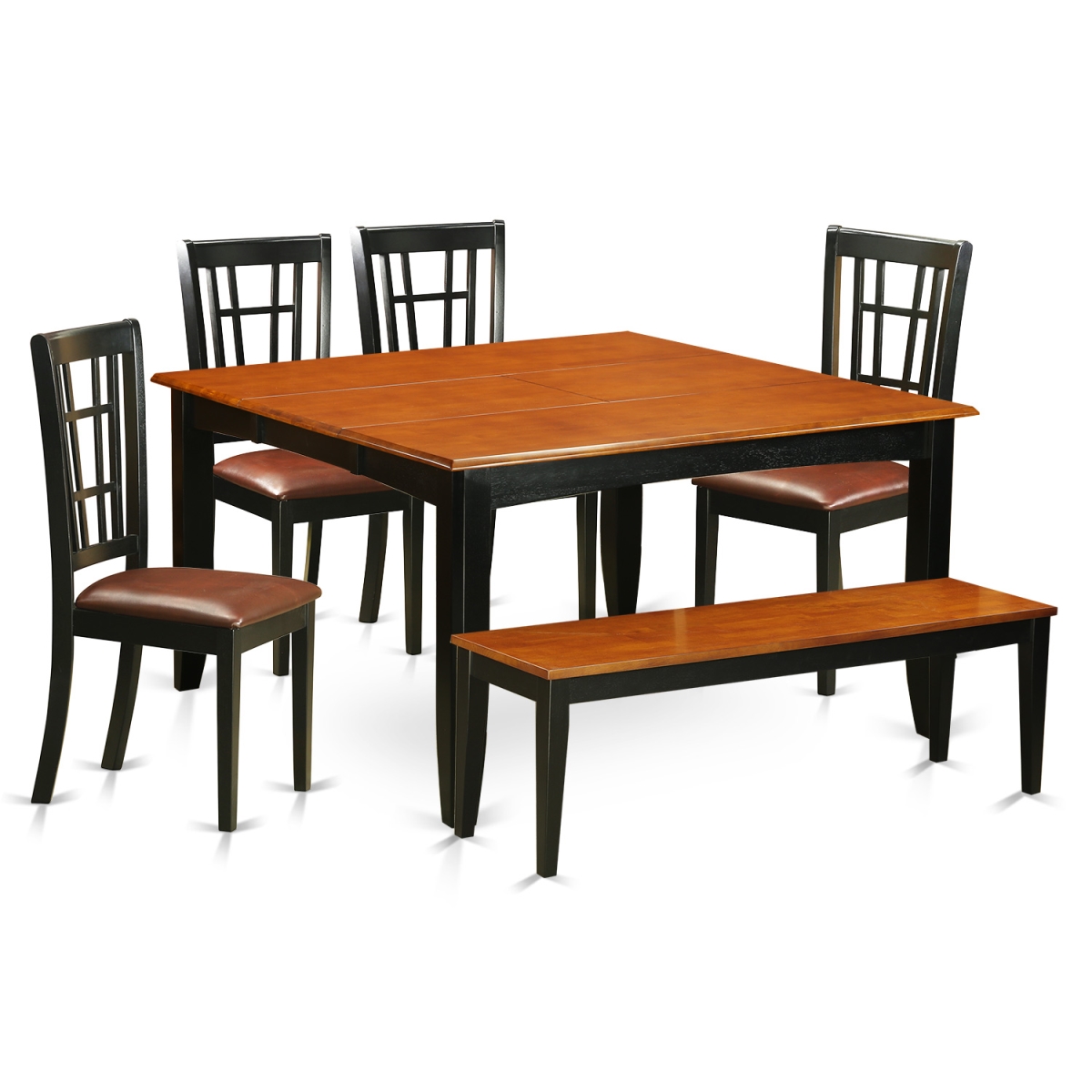 PFNI6-BCH-LC Faux Leather Dining Room Set with Table & 4 Wooden Chairs Plus One Bench, Black & Cherry - 6 Piece -  East West Furniture