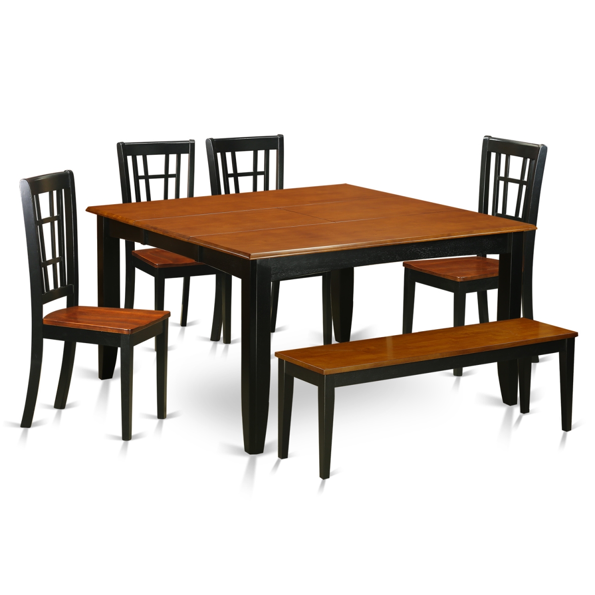 PFNI6-BCH-W Wood Seat Dining Room Set with Table & 4 Wooden Chairs Plus One Bench, Black & Cherry - 6 Piece -  East West Furniture