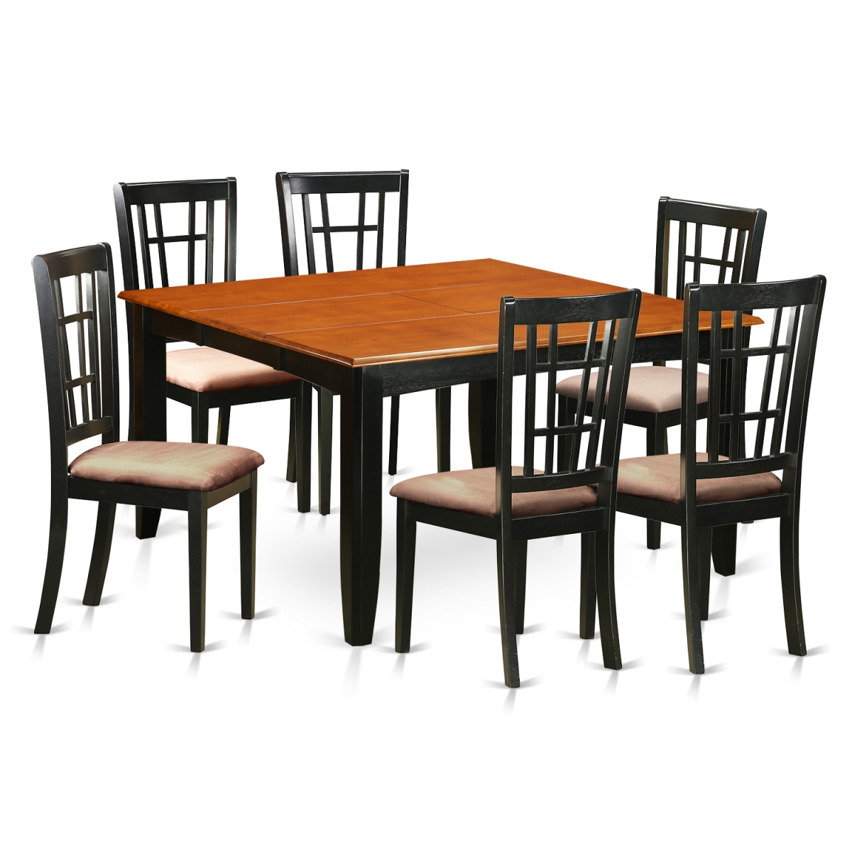 Microfiber Dining Room Set - Table & 6 Wooden Chairs, Black & Cherry - 7 Piece