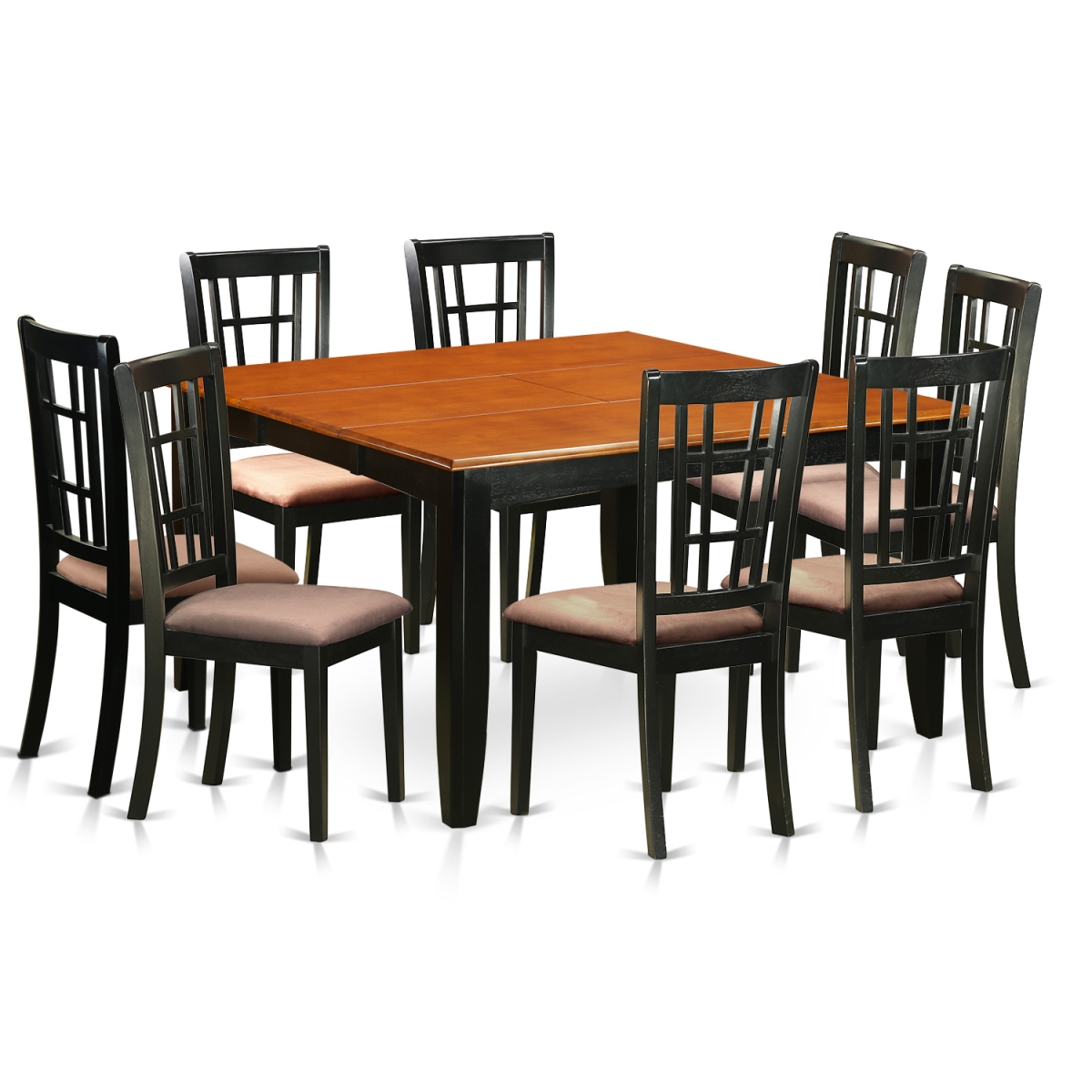 Microfiber Dining Room Set - Table & 8 Solid Wood Chairs, Black & Cherry - 9 Piece