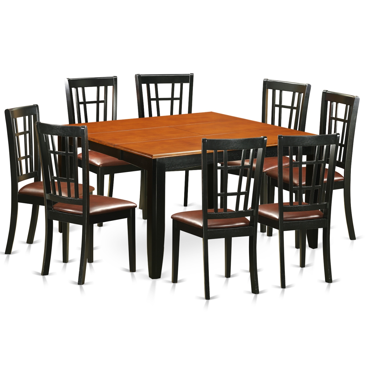 Faux Leather Dining Room Set - Table & 8 Wooden Chairs, Black & Cherry - 9 Piece