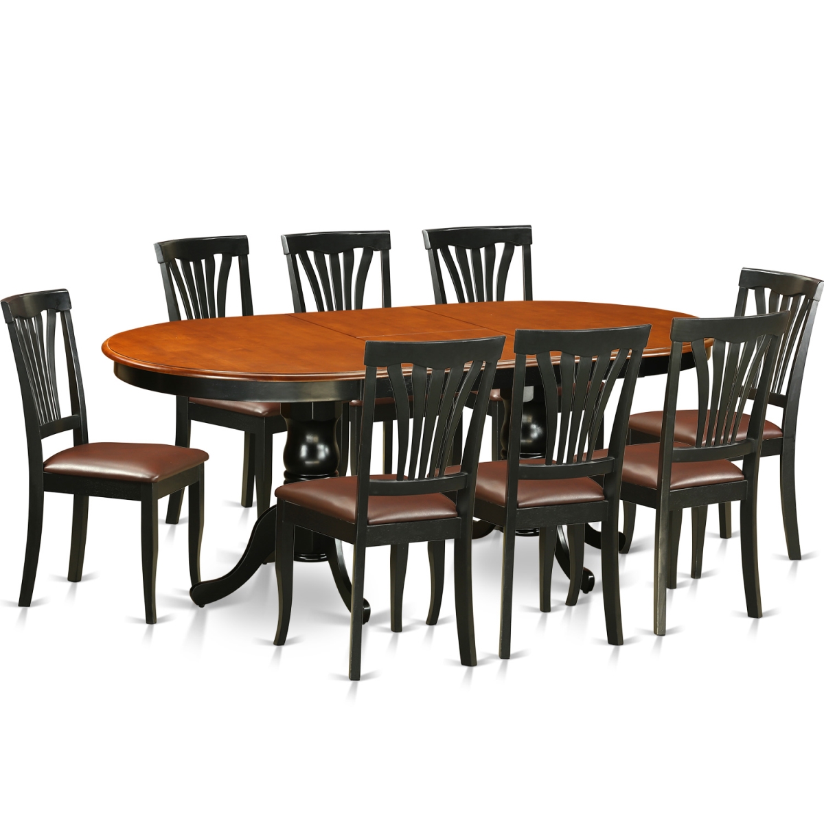 Faux Leather Dining Room Set - Table with 8 Wooden Chair, Black & Cherry - 9 Piece