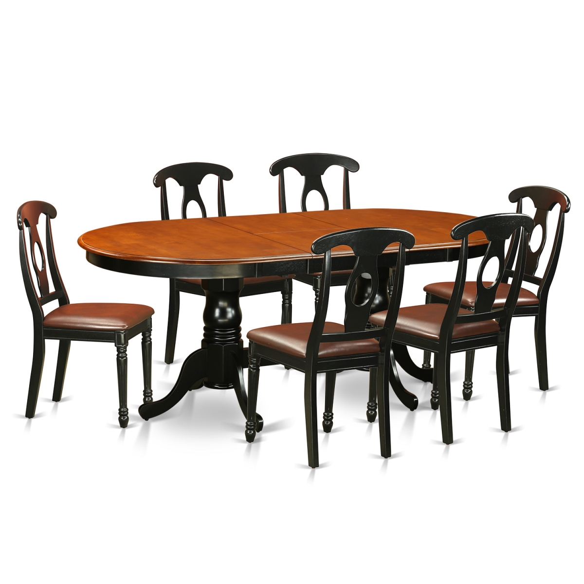 Faux Leather Dining Room Set - Table with 6 Wooden Chairs, Black & Cherry - 7 Piece