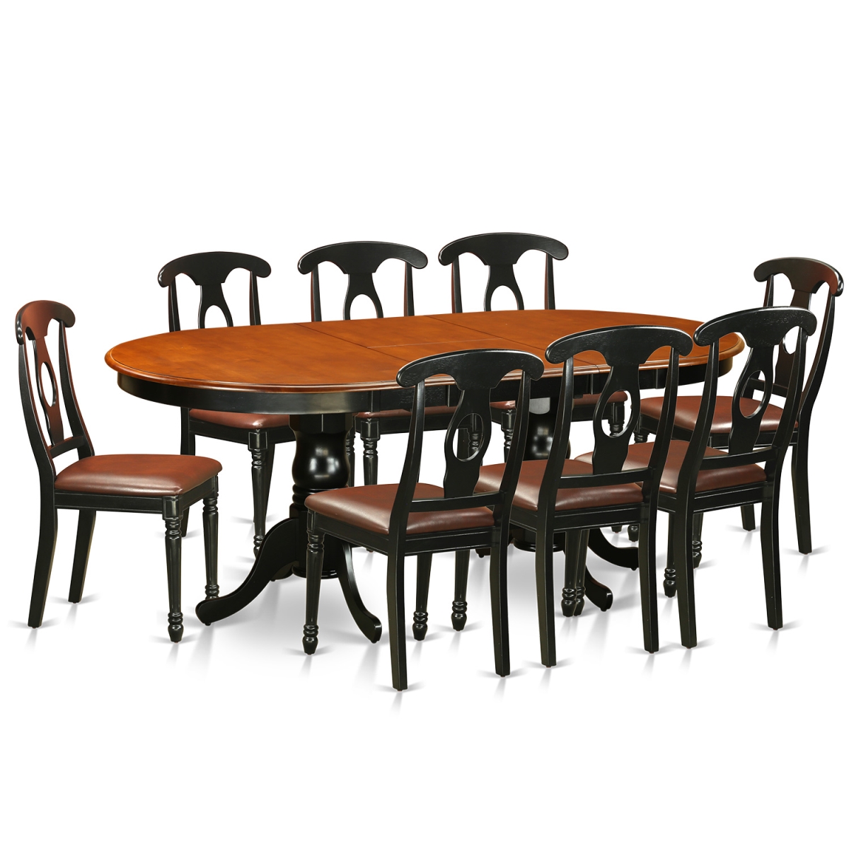 Faux Leather Dining Room Set - Table with 8 Wooden Chairs, Black & Cherry - 9 Piece