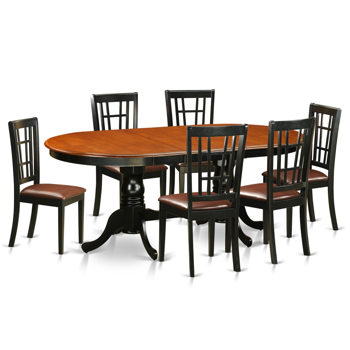 Faux Leather Dining Room Set - Table with 6 Solid Chairs, Black & Cherry - 7 Piece