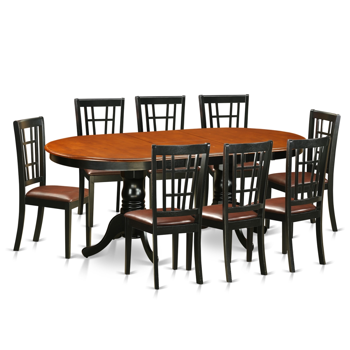 Faux Leather Dining Room Set - Table with 8 Solid Chairs, Black & Cherry - 9 Piece