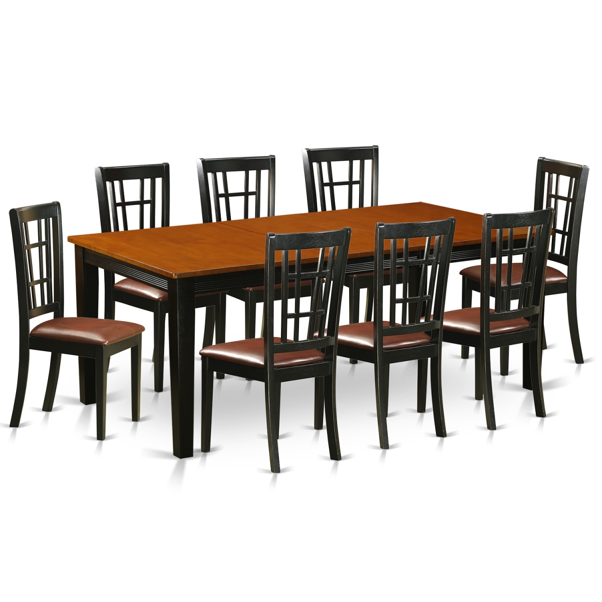 Faux Leather Dining Set - Table with 8 Solid Chairs, Black & Cherry - 9 Piece