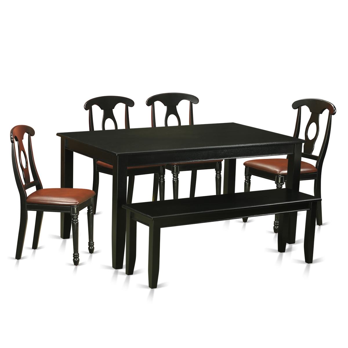 Faux Leather Kitchen Table Set - Table & 4 Chairs Coupled with a Bench, Black - 6 Piece