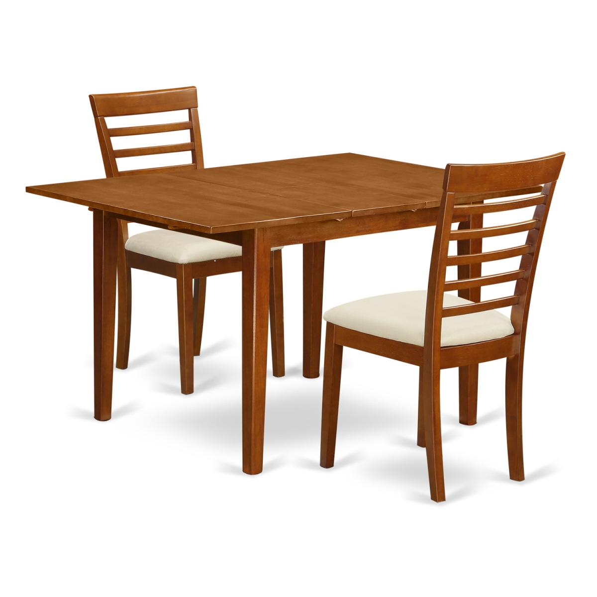 Picture of East West Furniture MILA3-SBR-C Set Milan Table with a Leaf & 2 Cushioned Chairs&#44; Saddle Brown - 3 Piece