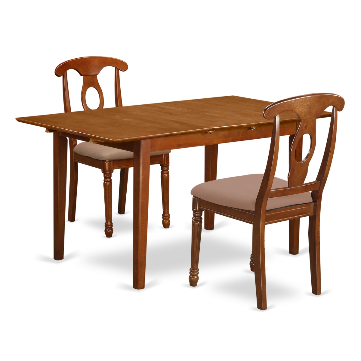 Rectangular Kitchen Table with Leaf & Two Upholstered Chairs, Saddle Brown - 12 in. - 3 Piece
