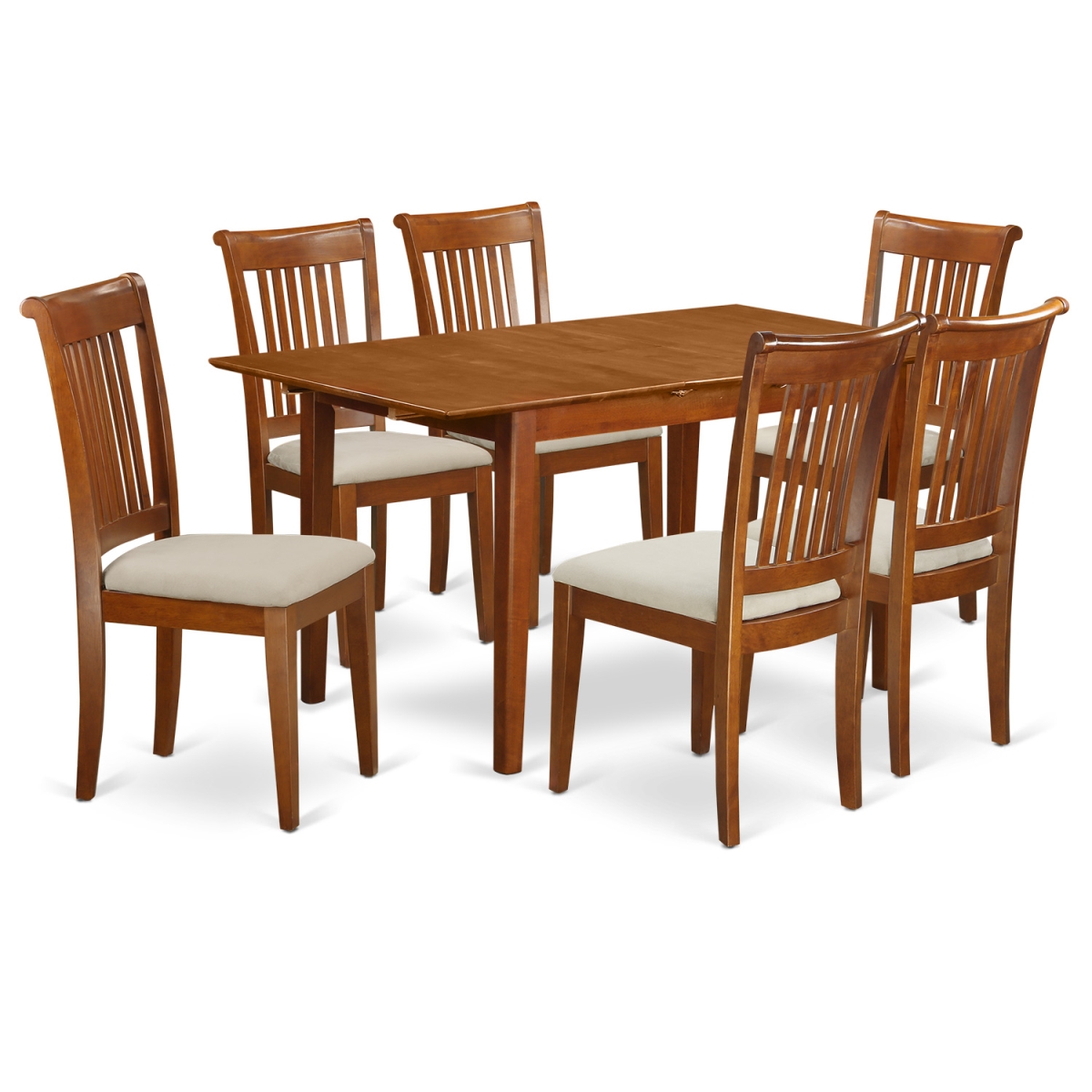 Picture of East West Furniture PSPO7-SBR-C Set Rectangular Kitchen Table with Leaf & Six Upholstered Seat Chairs&#44; Saddle Brown - 12 in. - 7 Piece