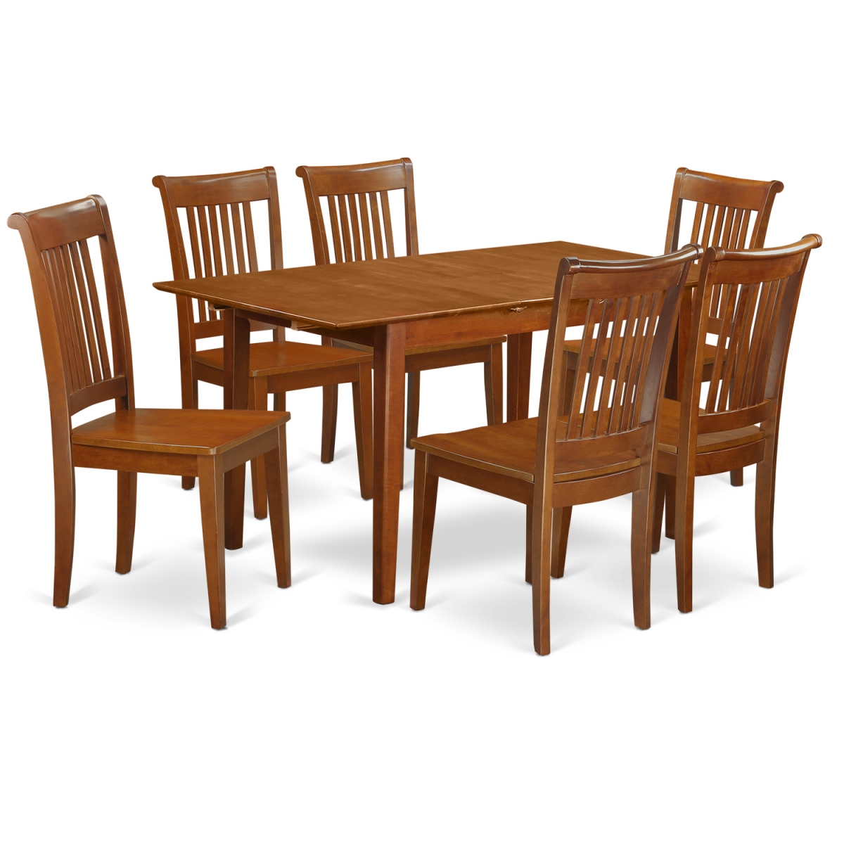 Picture of East West Furniture PSPO7-SBR-W Set Rectangular Kitchen Table with Leaf & 6 Wood Seat Chairs&#44; Saddle Brown - 12 in. - 7 Piece