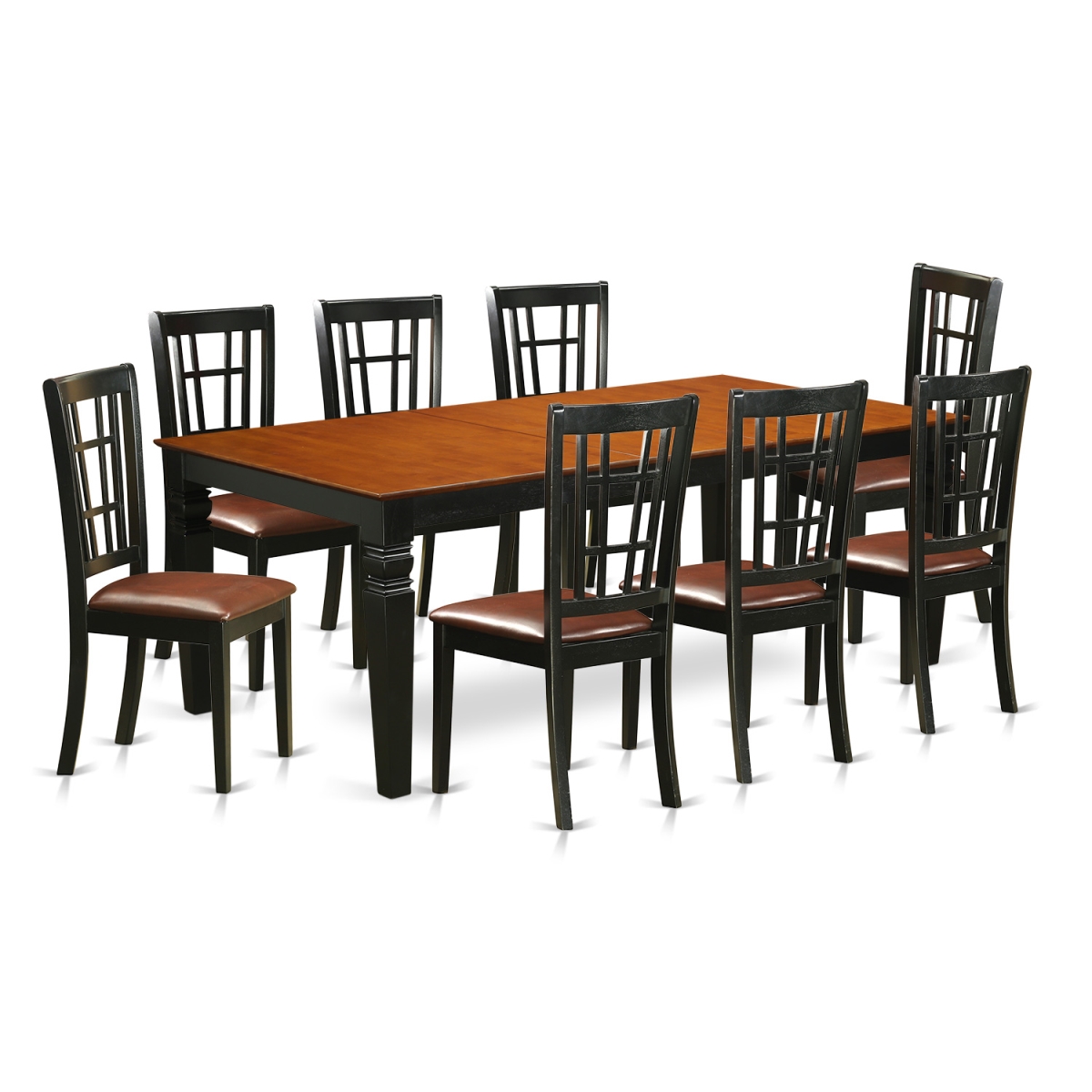 Faux Leather Kitchen Table Set with One Logan Dining Table & Eight Chairs, Black & Cherry - 9 Piece