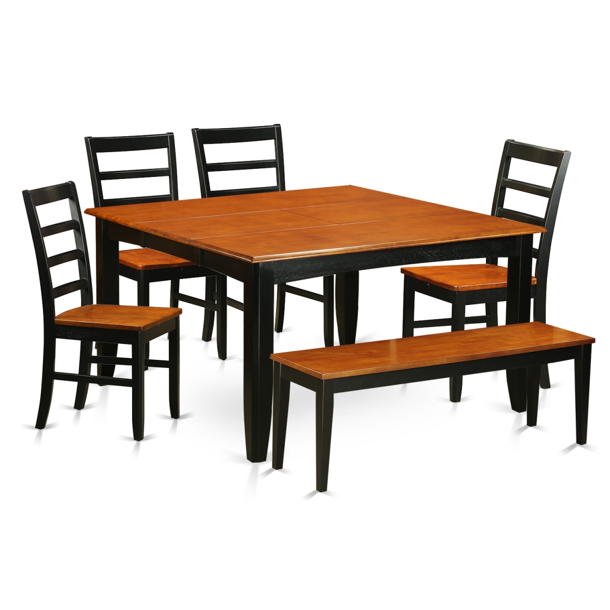 Dining Room Table Set - Table & 4 Wood Seat Chairs & One Benches - 6 Piece