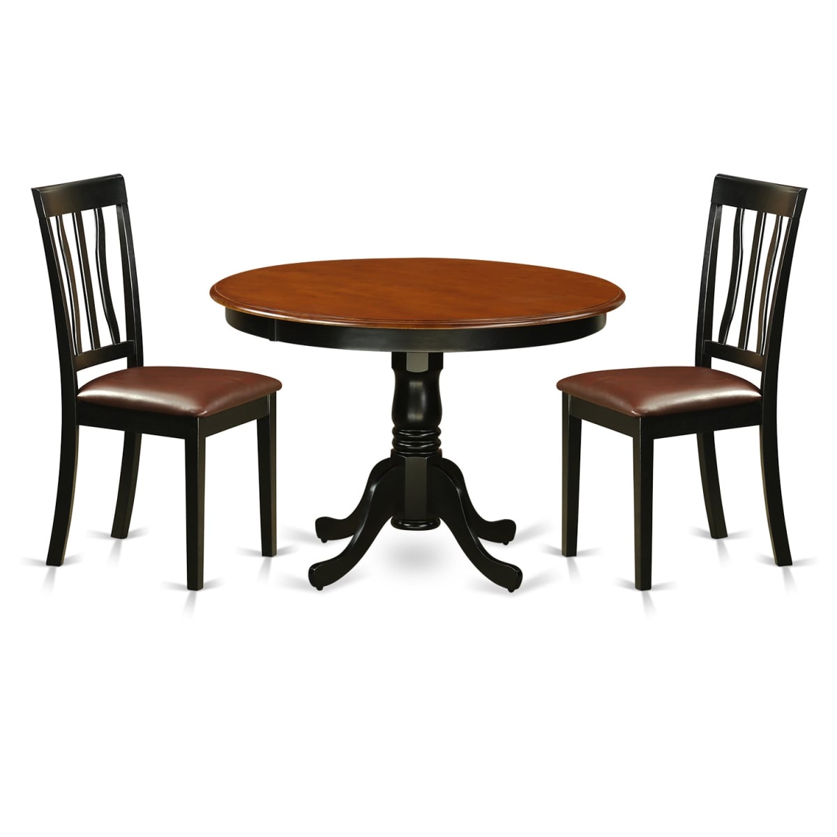 Dining Set - One Round Table & Two Chairs Faux Leather Seat, Black - 42 in. - 3 Piece
