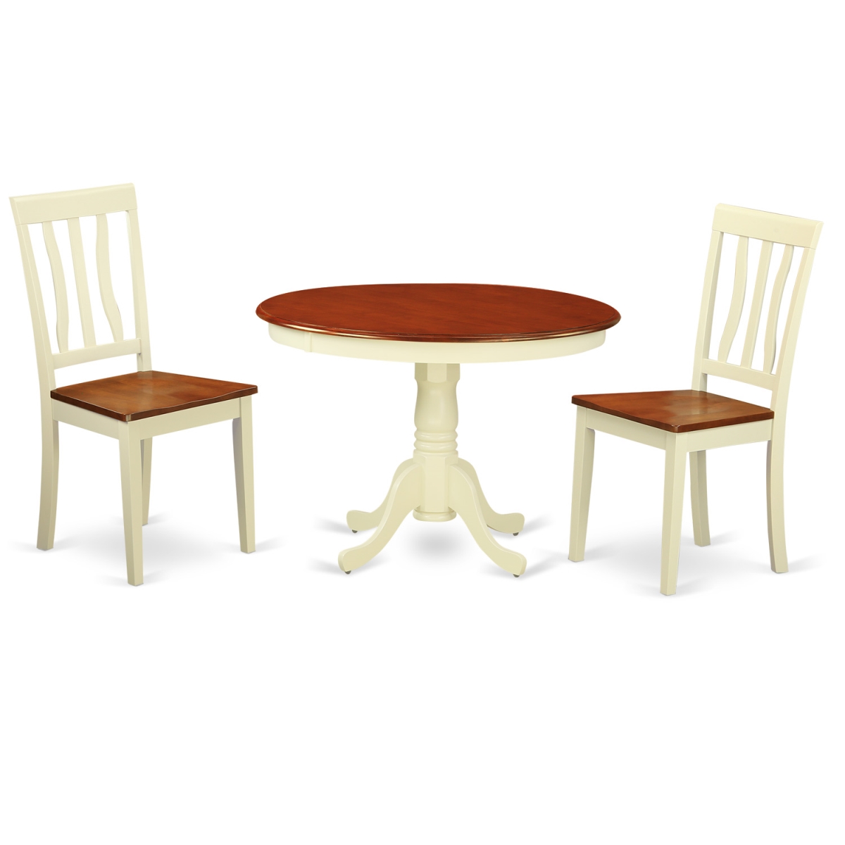 HLAN3-BMK-W Dining Set - One Round Table & Two Chairs with Wood Seat, Buttermilk & Cherry - 42 in. - 3 Piece