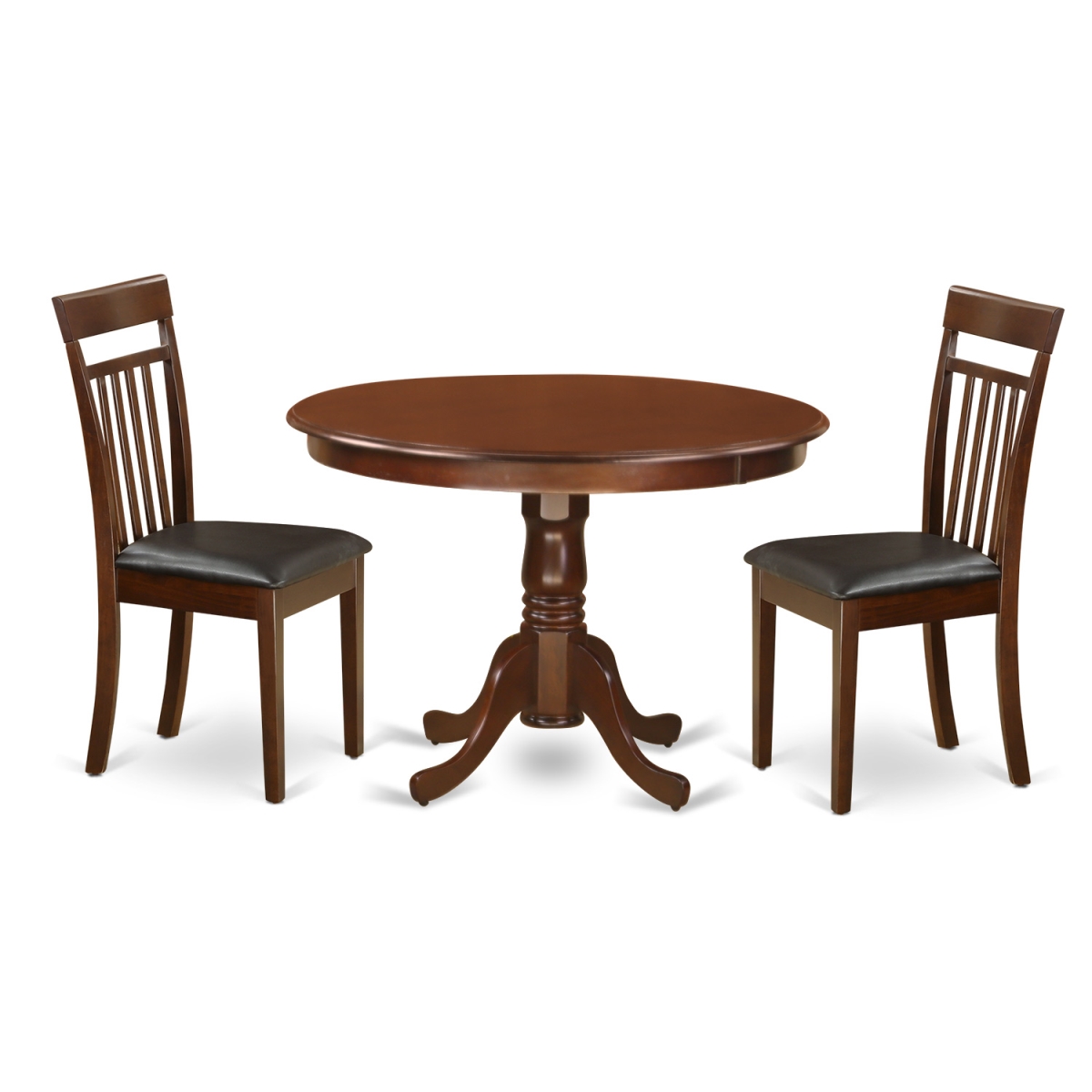 Dining Set - One Round Kitchen Table & Two Chairs with Faux Leather Seat, Mahogany - 42 in. - 3 Piece