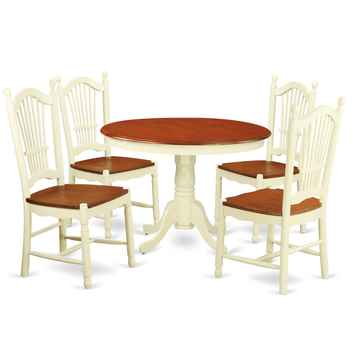 Dining Set - One Round Small Table & Four Chairs with Wood Seat, Buttermilk & Cherry - 5 Piece - 42 in.