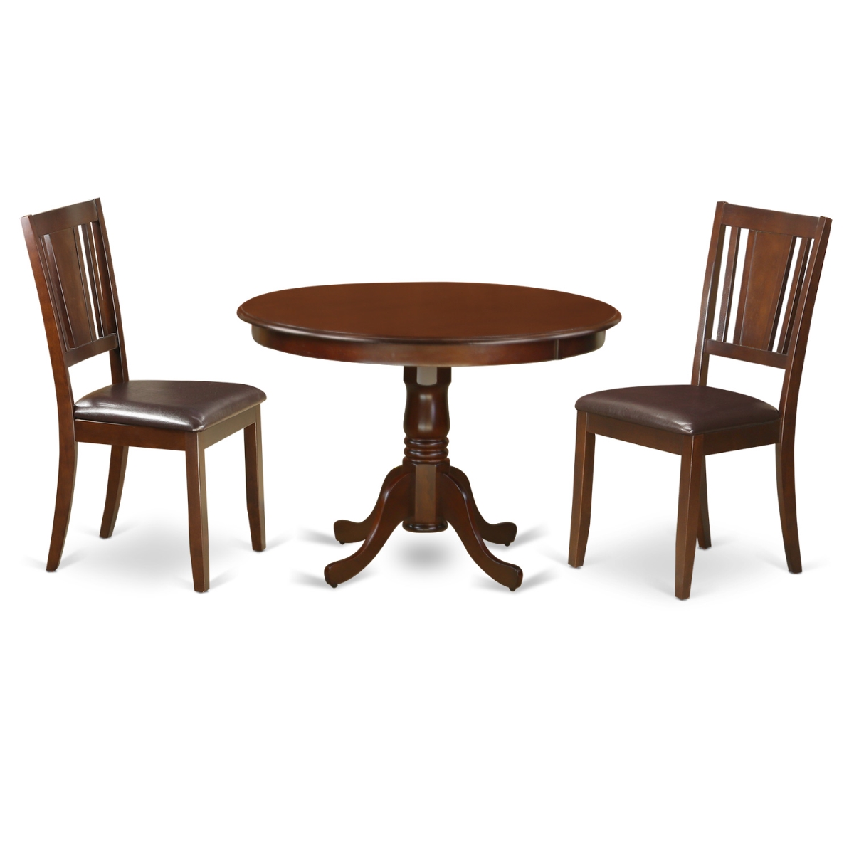Dining Set - One Round Kitchen Table & 2 Chairs Faux Leather Seat, Mahogany - 42 in. - 3 Piece