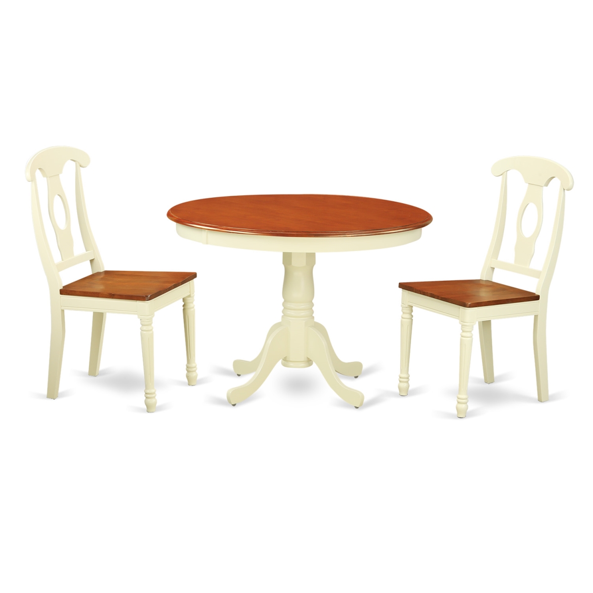 Dining Set - One Round Kitchen Table & Two Chairs Wood Seat, Buttermilk & Cherry - 42 in. - 3 Piece