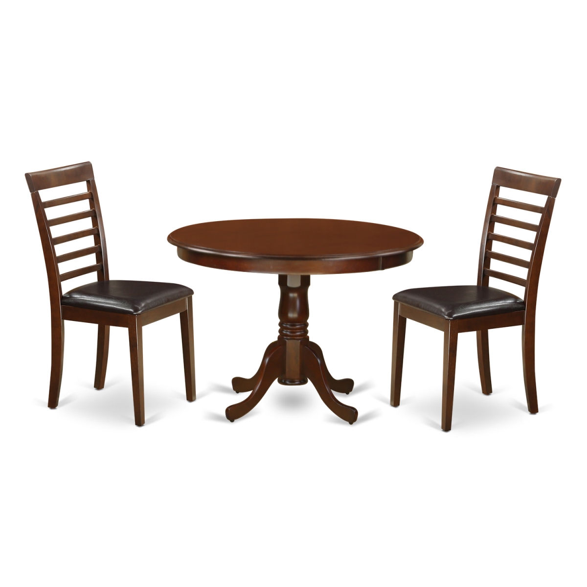 Dining Set - One Round Table & Two Chairs with Faux Leather Seat, Mahogany - 42 in. - 3 Piece