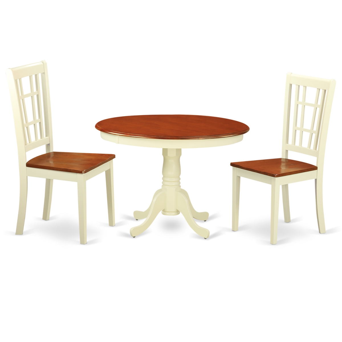 Picture of East West Furniture HLNI3-BMK-W Wood Seat Dining Set - 1 Round Small Table & 2 Chairs with Buttermilk & Cherry - 42 in. - 3 Piece