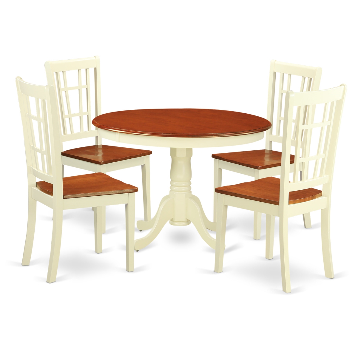 Picture of East West Furniture HLNI5-BMK-W Dining Set - One Round Table & 4 Chairs with Wood Seat&#44; Buttermilk & Cherry - 5 Piece - 42 in.