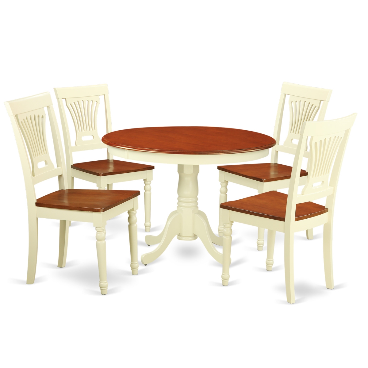 Picture of East West Furniture HLPL5-BMK-W Wood Seat Dining Set - One Round Small Table & 4 Chairs with Buttermilk & Cherry - 5 Piece - 42 in.